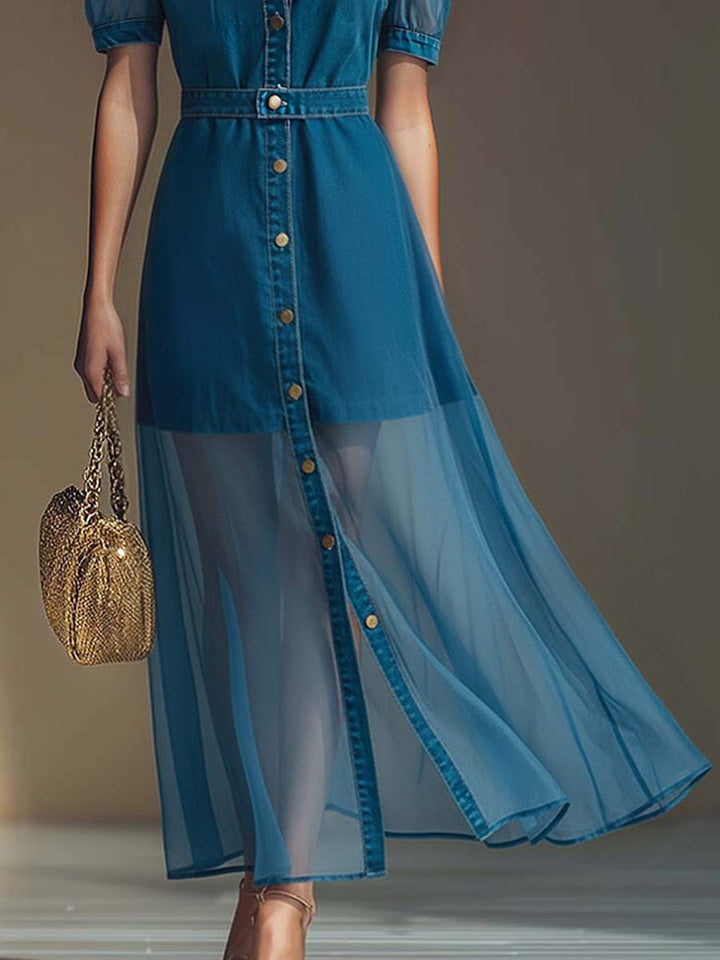 Isolde | Women's Button Front V-Neck Maxi Dress - Blue - Image 4