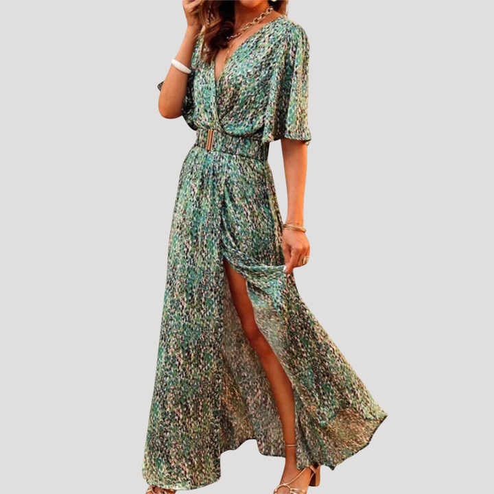 Isolde | Women's Printed Wrap Maxi Dress - Green - Image 1
