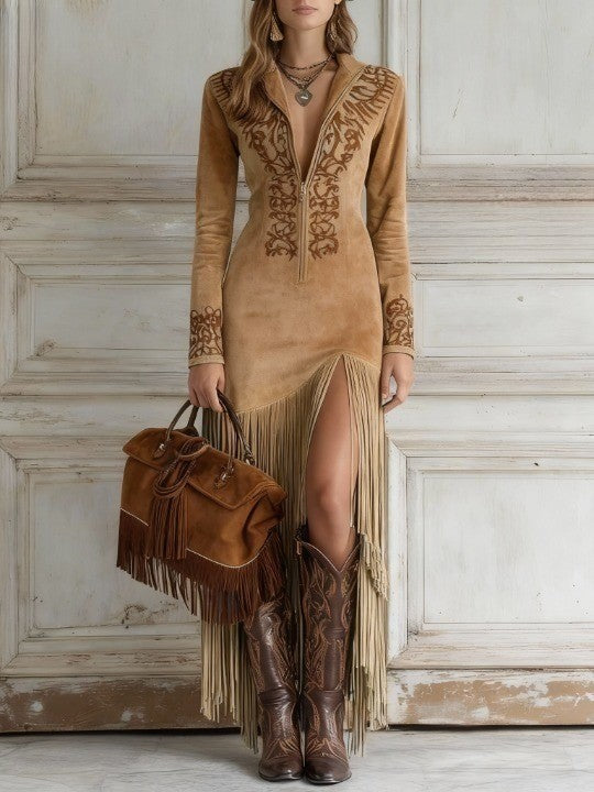 Sylvia | Suede Fringe Maxi Dress, Light brown / S Sylvia | Suede Fringe Maxi Dress, Light brown / S