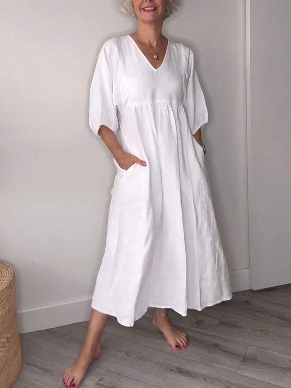 Genevieve | Women's V Neck Tummy Control Draped Midi Dress with Pockets Casual