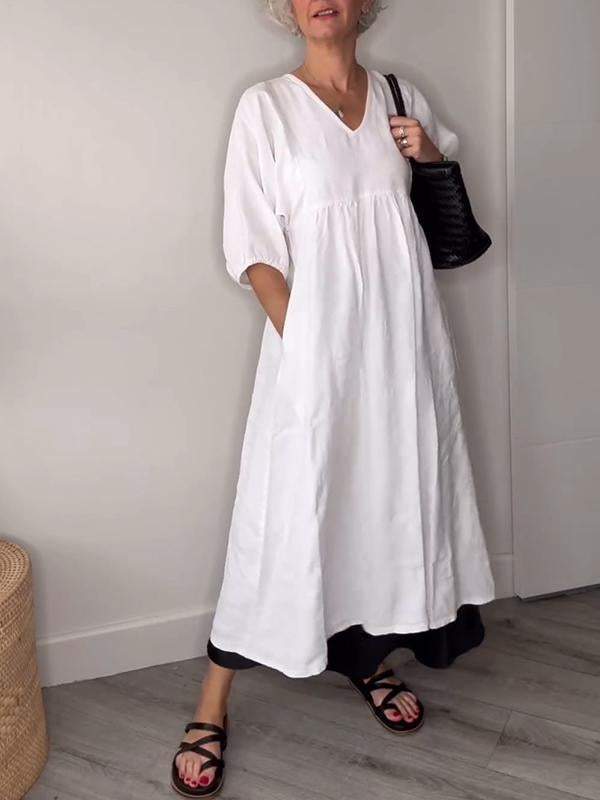 Genevieve | Women's V Neck Tummy Control Draped Midi Dress with Pockets Casual