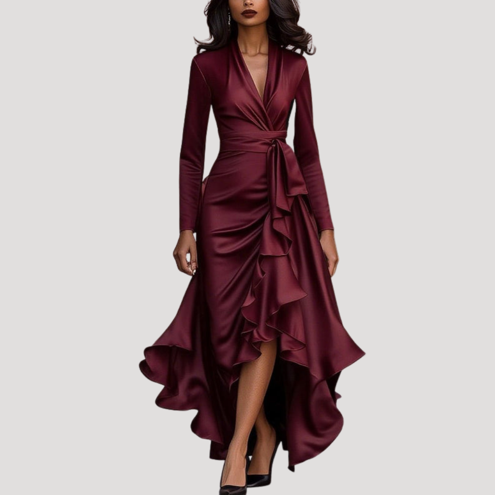 Juliana | Women's Long Sleeve Wrap Evening Dress - Navy - Image 2
