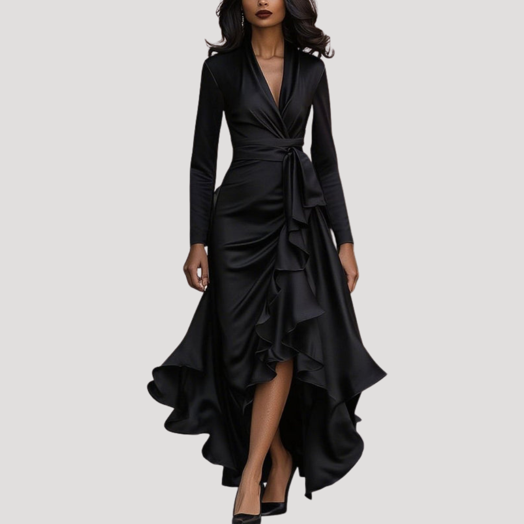 Juliana | Women's Long Sleeve Wrap Evening Dress - Navy - Image 3