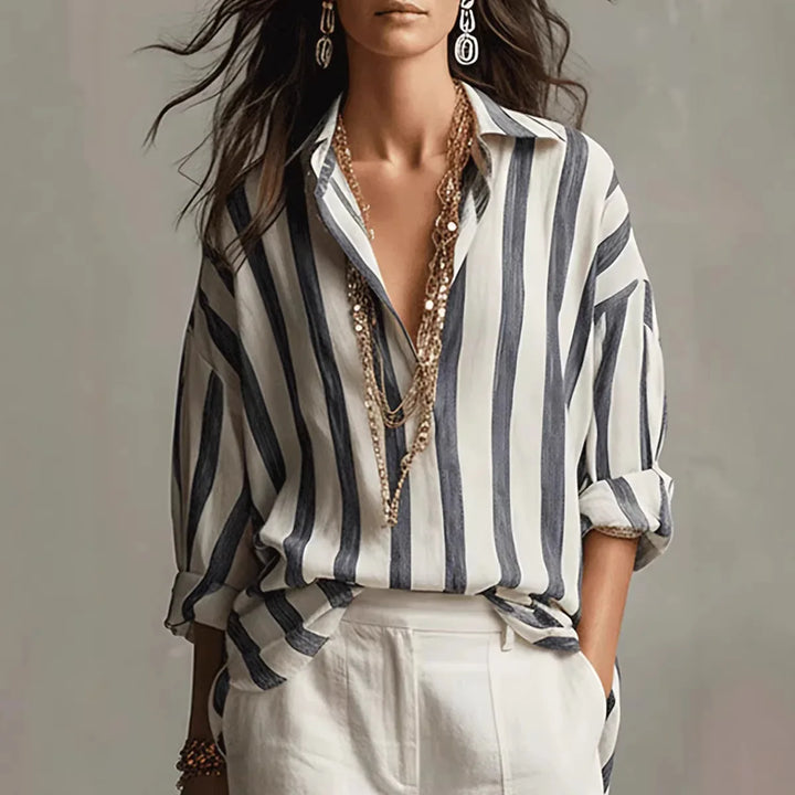 Juliette | Women's Striped Long Sleeve Button Down Shirt - Striped - Image 1
