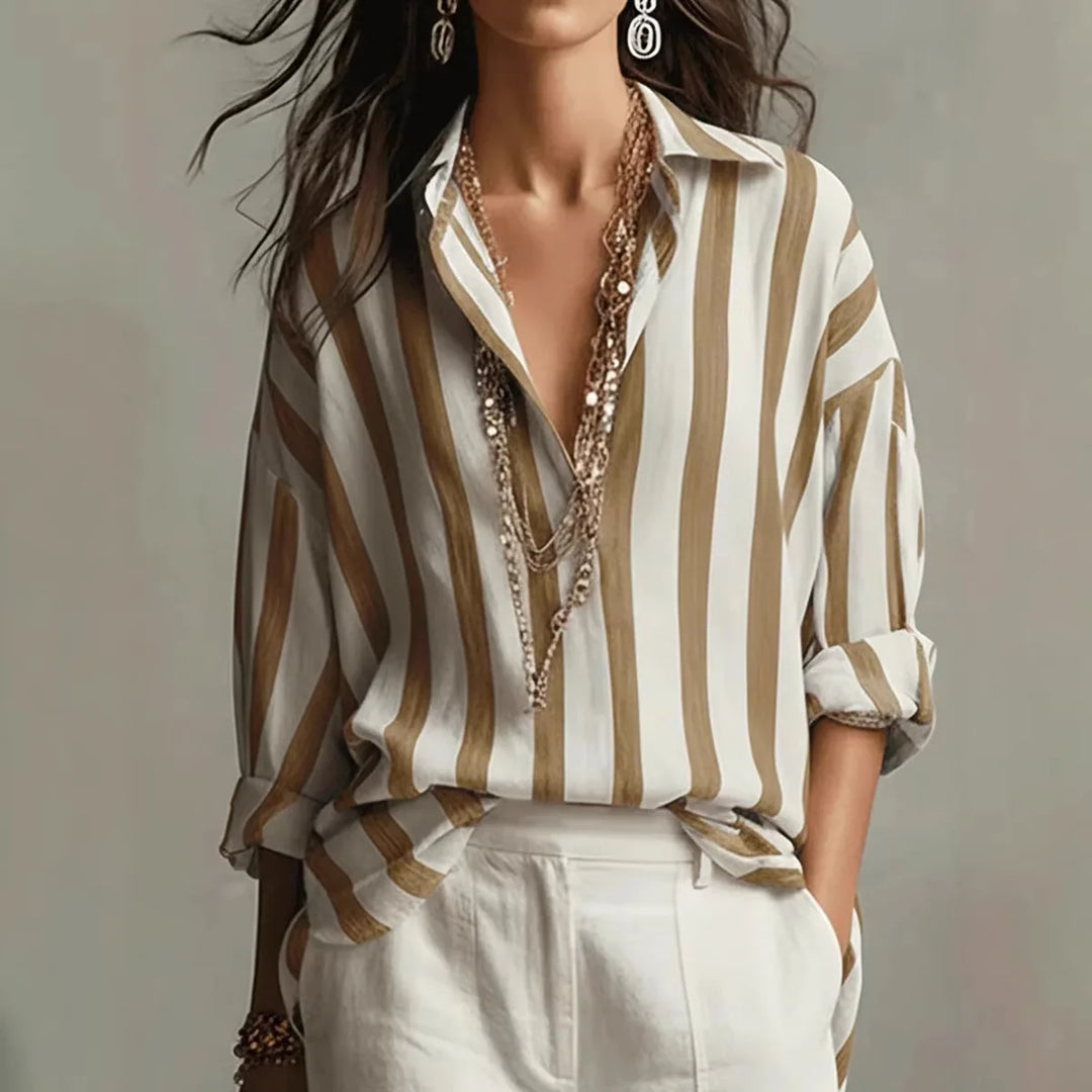 Juliette | Women's Striped Long Sleeve Button Down Shirt - Striped - Image 2