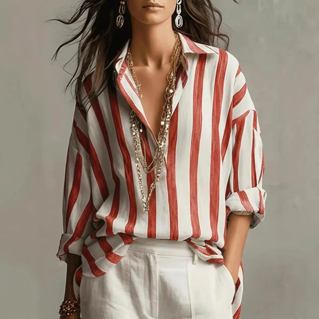 Juliette | Women's Striped Long Sleeve Button Down Shirt - Striped - Image 3
