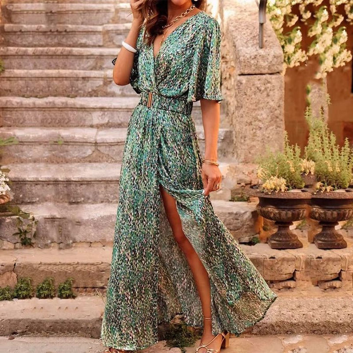 Juliette | Women's V-Neck Wrap Maxi Dress - Green - Image 1