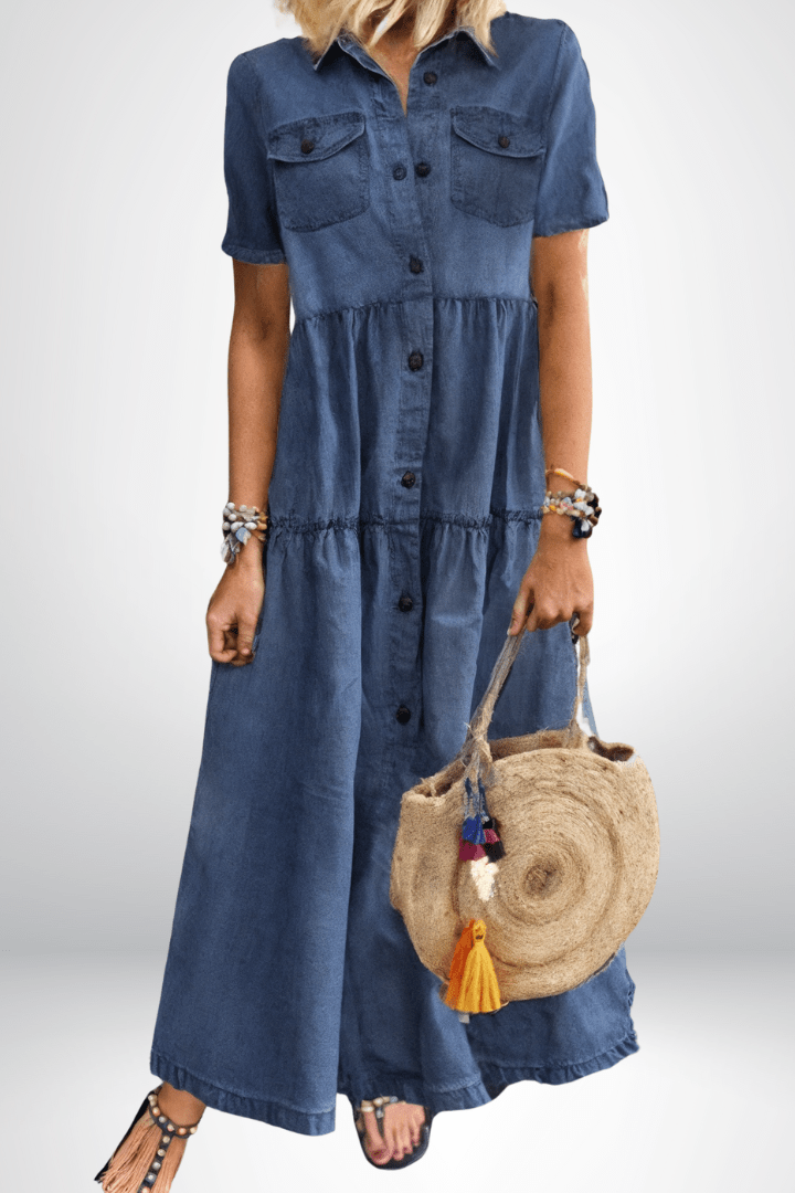Juniper | Women's Button Front Short Sleeve Maxi Dress - Blue - Image 1