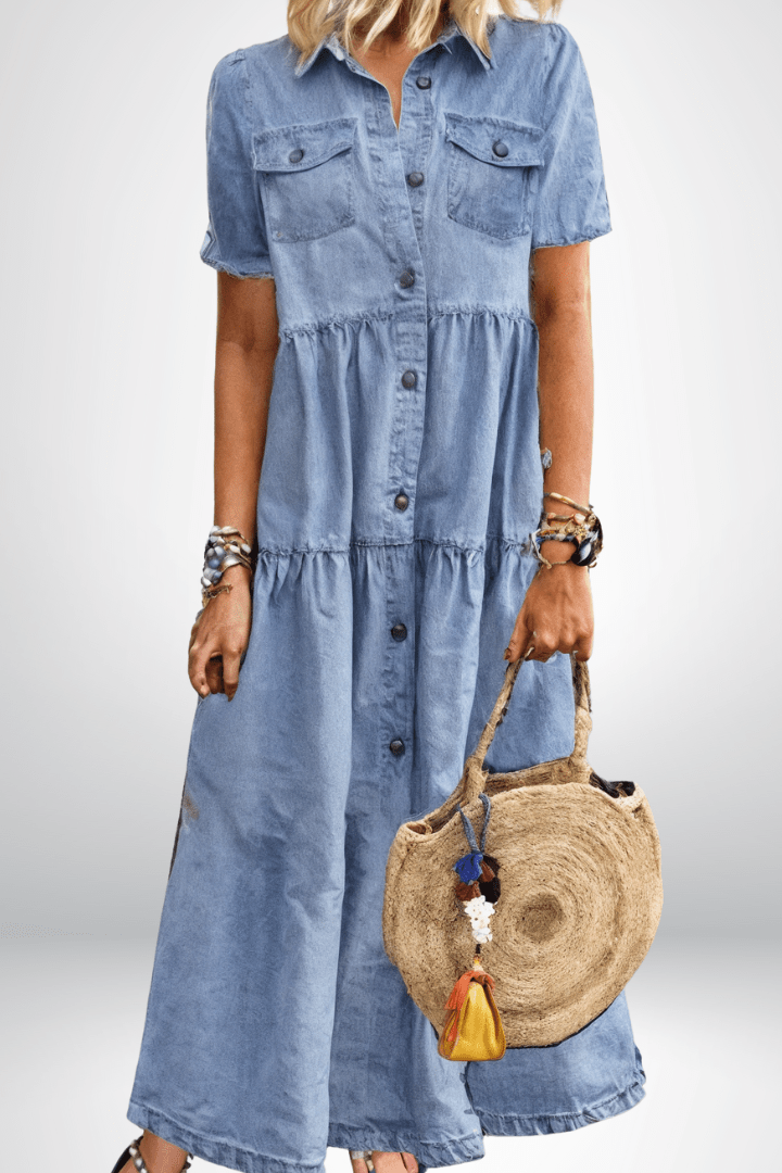 Juniper | Women's Button Front Short Sleeve Maxi Dress - Blue - Image 2