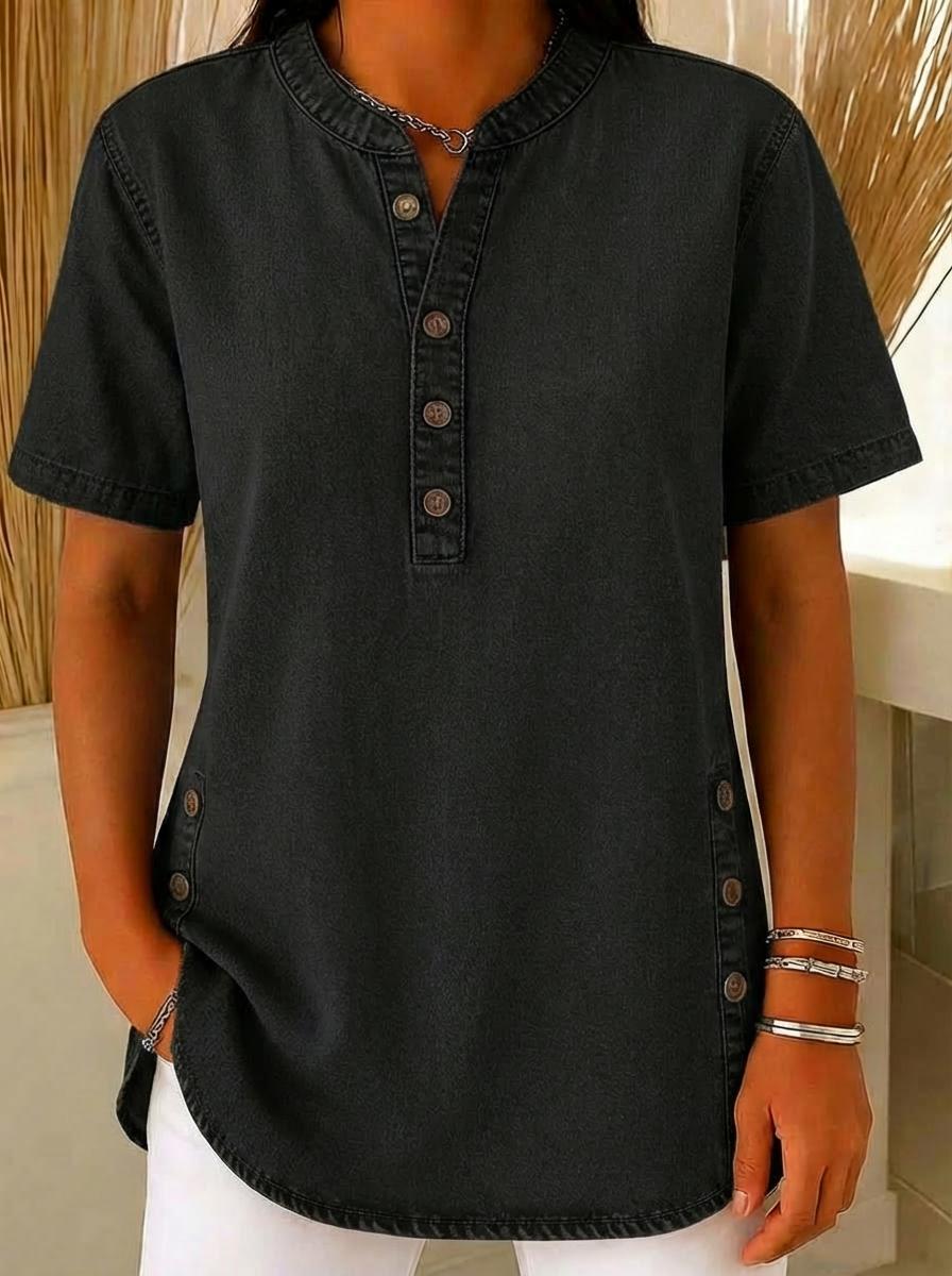 Juniper | Women's Short Sleeve Henley Blouse - Blue - Image 3