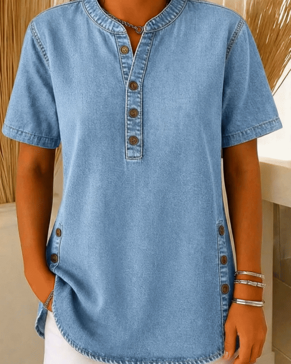 Juniper | Women's Short Sleeve Henley Blouse - Blue - Image 4
