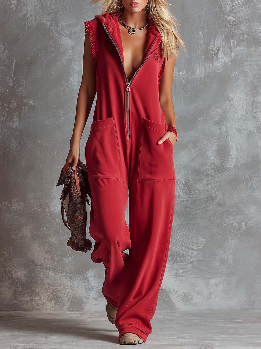 Kendra | Women's Hooded Sleeveless Red Jumpsuit - Red - Image 1