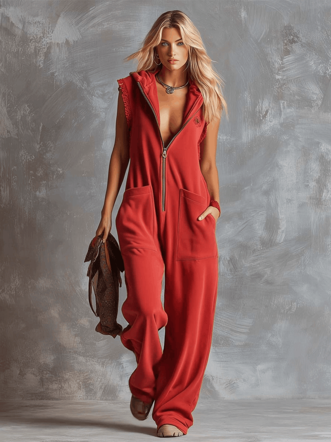 Kendra | Women's Hooded Sleeveless Red Jumpsuit - Red - Image 2