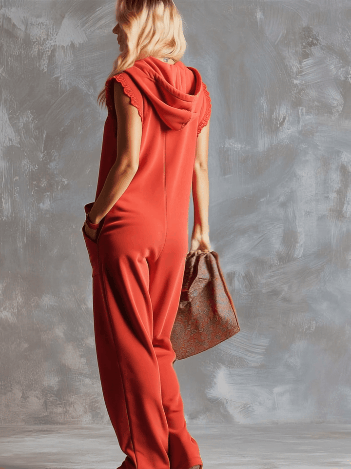 Kendra | Women's Hooded Sleeveless Red Jumpsuit - Red - Image 3
