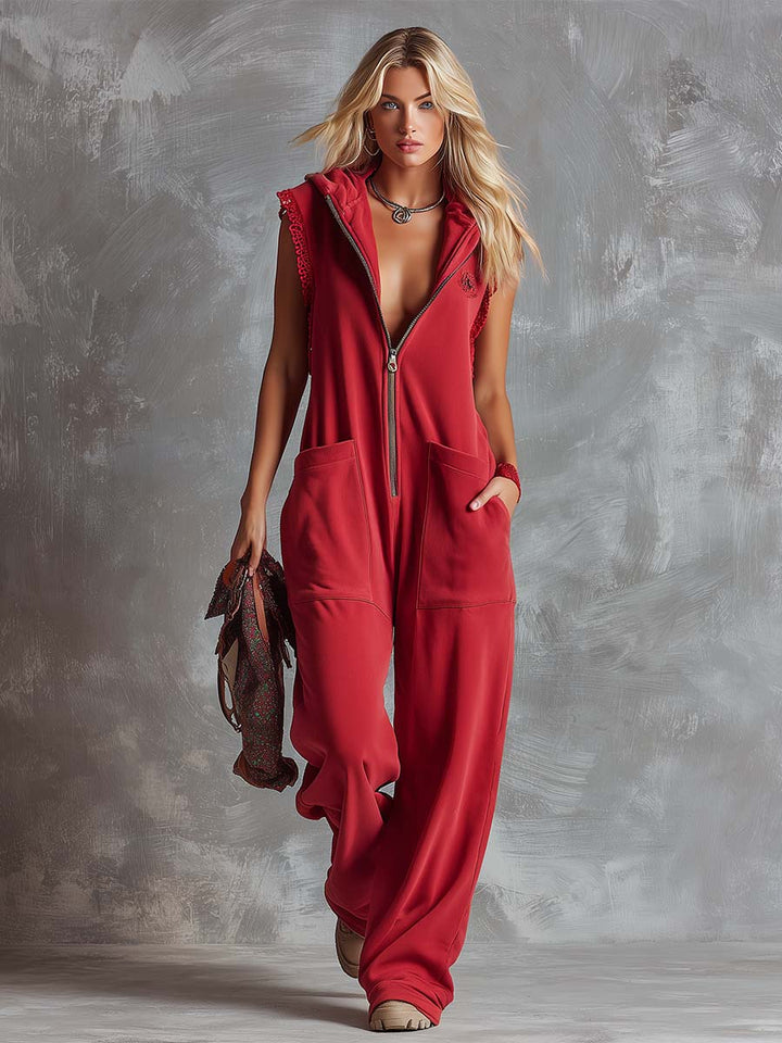 Kendra | Women's Hooded Sleeveless Red Jumpsuit - Red - Image 6