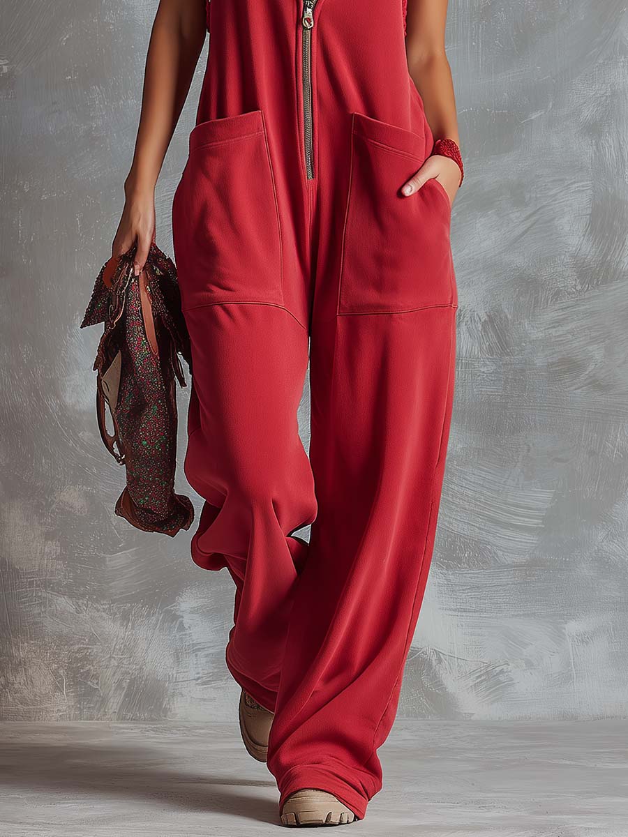 Kendra | Women's Hooded Sleeveless Red Jumpsuit - Red - Image 9