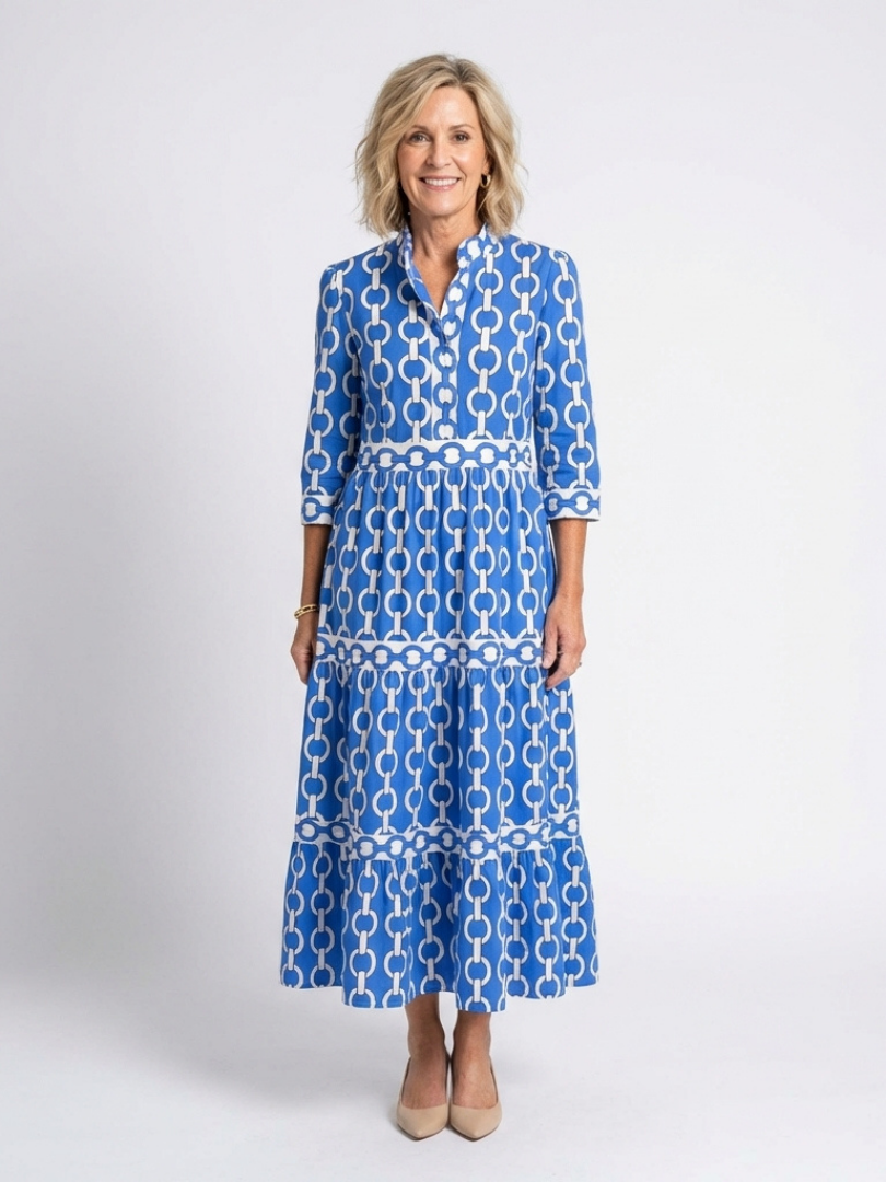 Keziah | Women's Chain Print 3/4 Sleeve Midi Dress  MAYBERRY