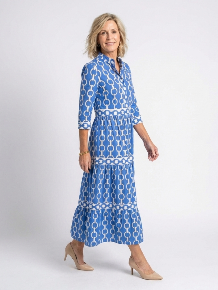 Keziah | Women's Chain Print 3/4 Sleeve Midi Dress - Blue - Image 2