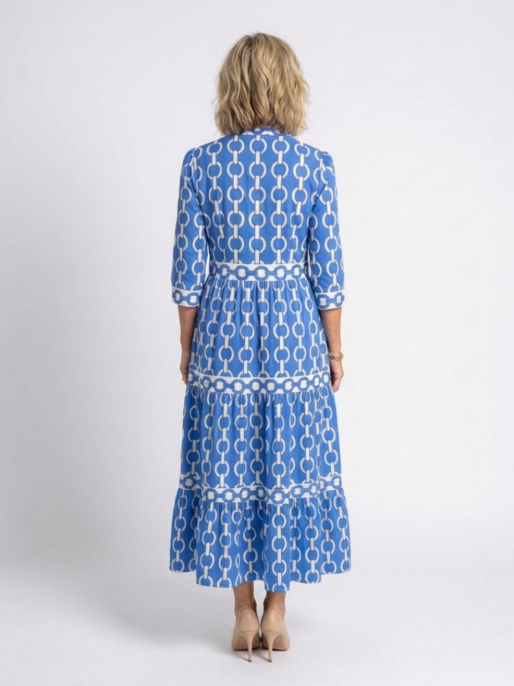 Keziah | Women's Chain Print 3/4 Sleeve Midi Dress - Blue - Image 3