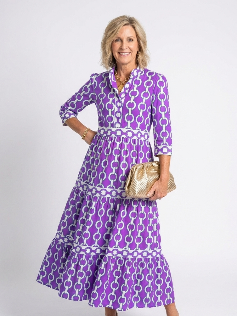 Keziah | Women's Chain Print 3/4 Sleeve Midi Dress - Blue - Image 5
