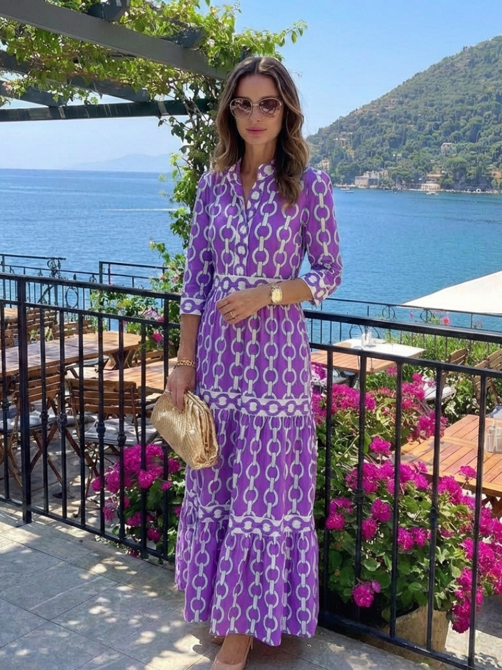 Keziah | Women's Chain Print 3/4 Sleeve Midi Dress - Blue - Image 7