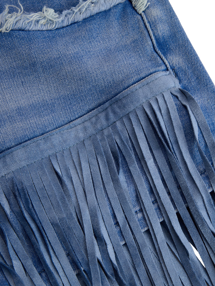 Kiera | Women's High Waist Fringe Mini Skirt - Light Blue - Image 7