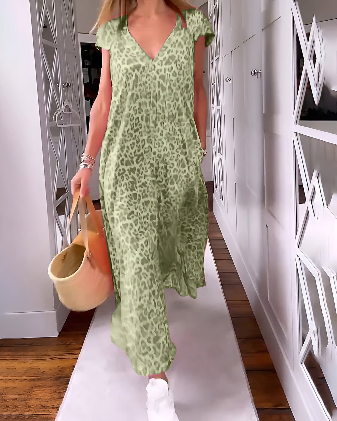 Blossom | Women's V Neck Loose Fit Short Sleeve Printed Long Dress Cocktail