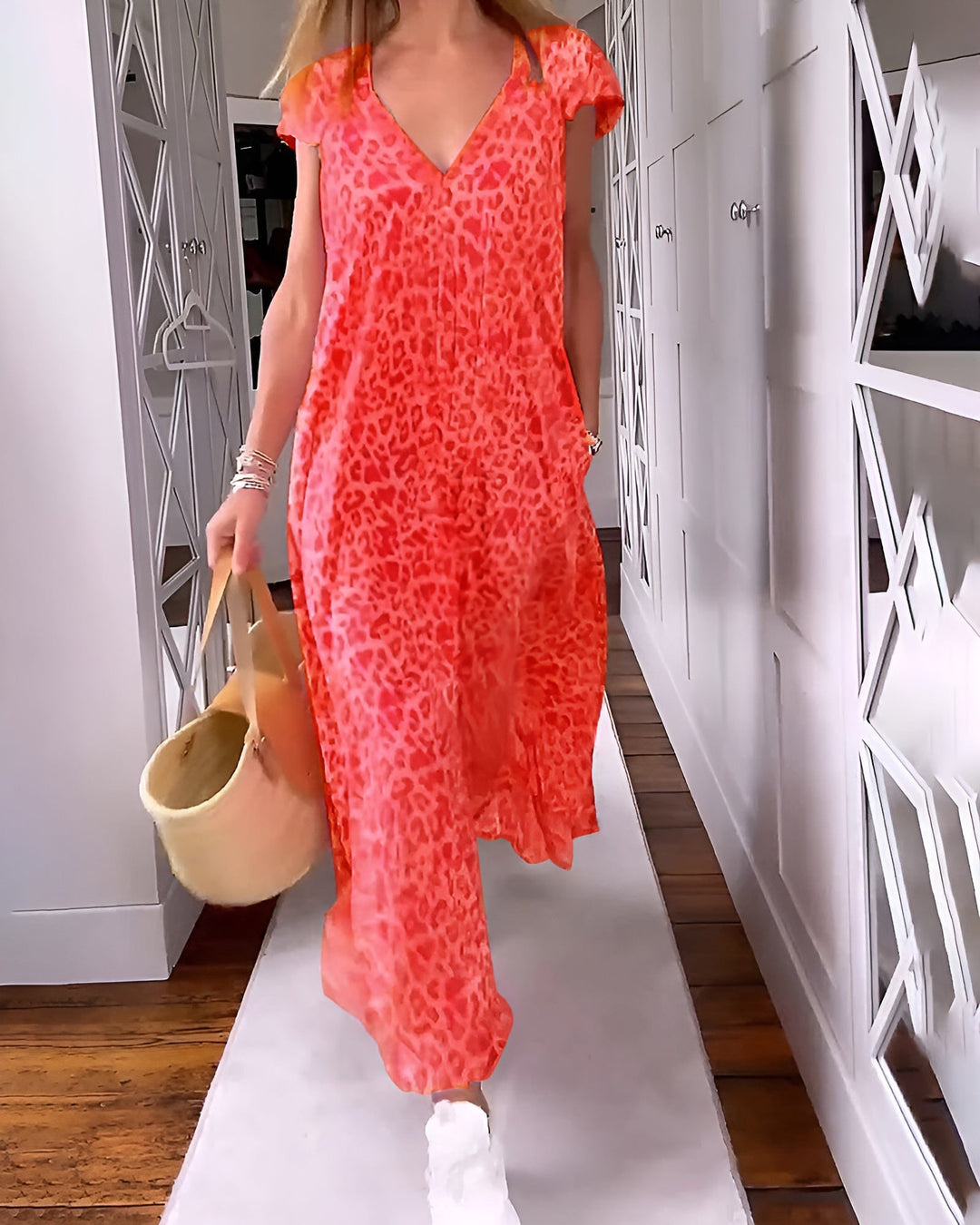 Blossom | Women's V Neck Loose Fit Short Sleeve Printed Long Dress Cocktail