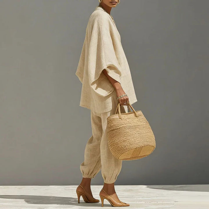 Lavinia | Women's Batwing Wide Leg Matching Set - Beige - Image 5