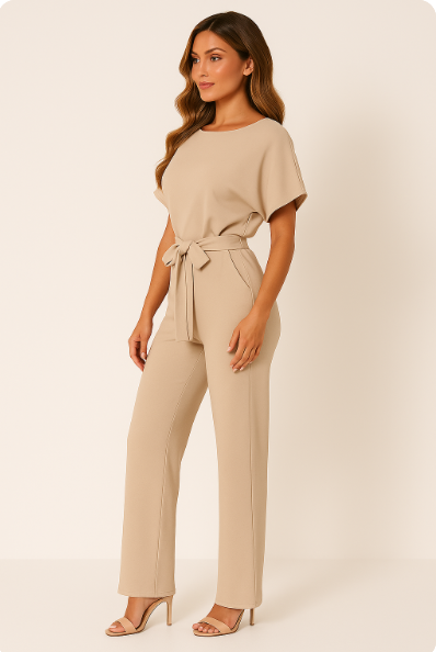 Lena | Women's Batwing Short Sleeve Belted Jumpsuit - Taupe - Image 1