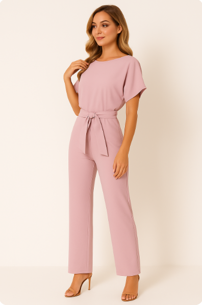 Lena | Women's Batwing Short Sleeve Belted Jumpsuit - Taupe - Image 10