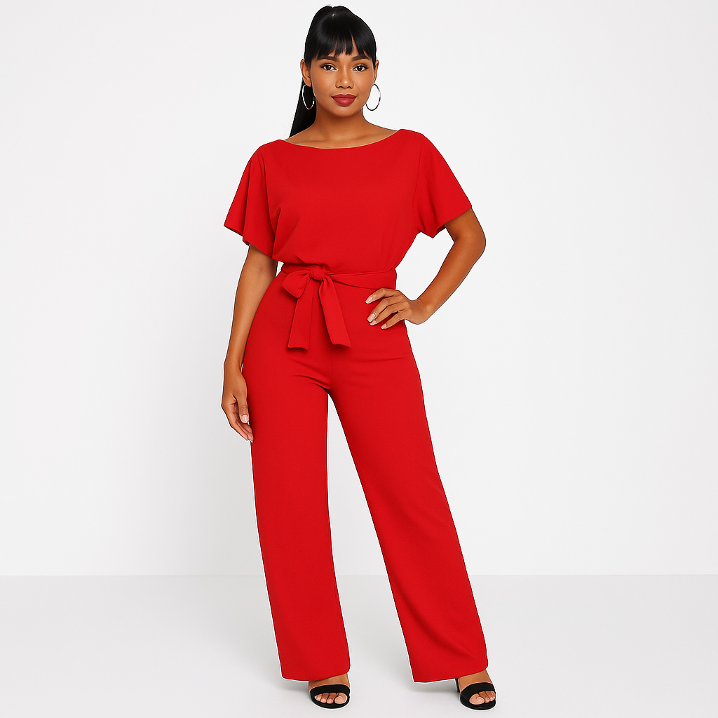 Lena | Women's Batwing Short Sleeve Belted Jumpsuit - Taupe - Image 11