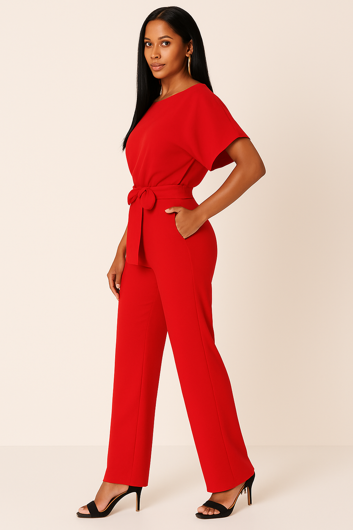 Lena | Women's Batwing Short Sleeve Belted Jumpsuit - Taupe - Image 12