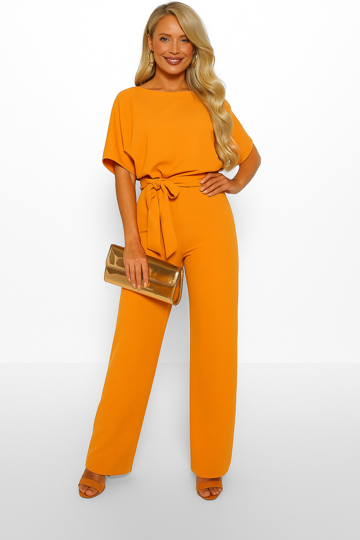 Lena | Women's Batwing Short Sleeve Belted Jumpsuit - Taupe - Image 13