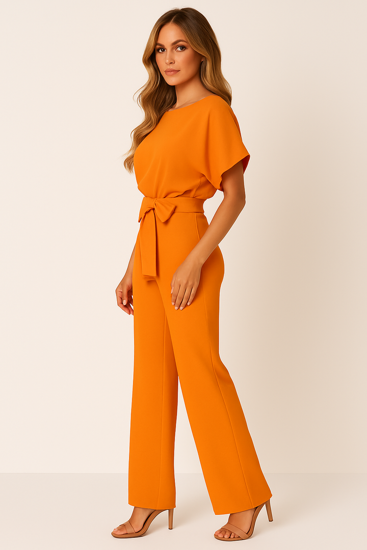 Lena | Women's Batwing Short Sleeve Belted Jumpsuit - Taupe - Image 14