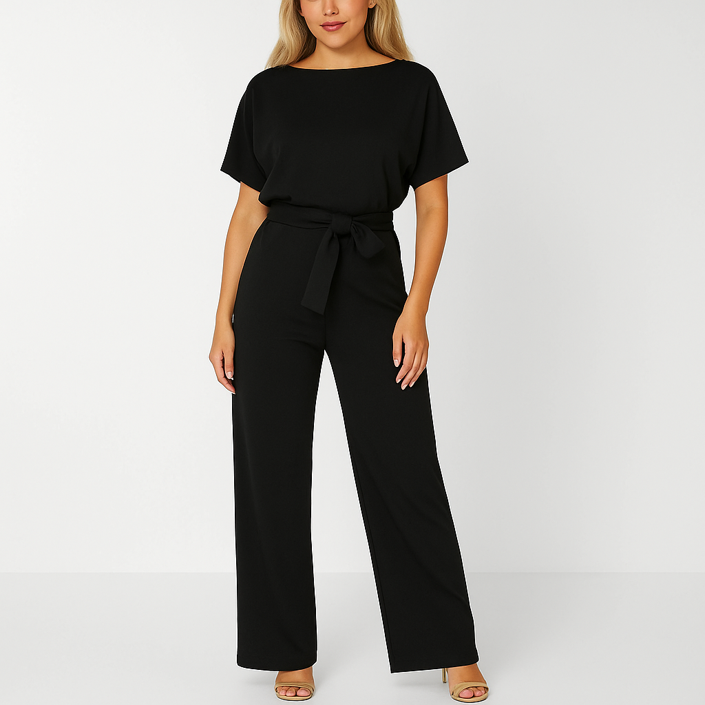 Lena | Women's Batwing Short Sleeve Belted Jumpsuit - Taupe - Image 3