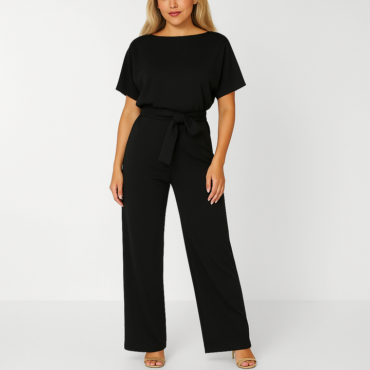 Lena | Women's Batwing Short Sleeve Belted Jumpsuit - Taupe - Image 3