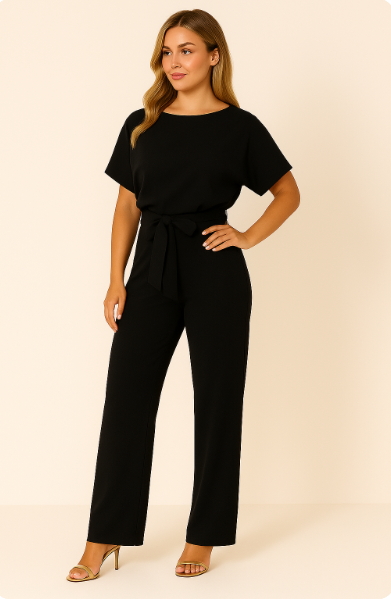 Lena | Women's Batwing Short Sleeve Belted Jumpsuit - Taupe - Image 4