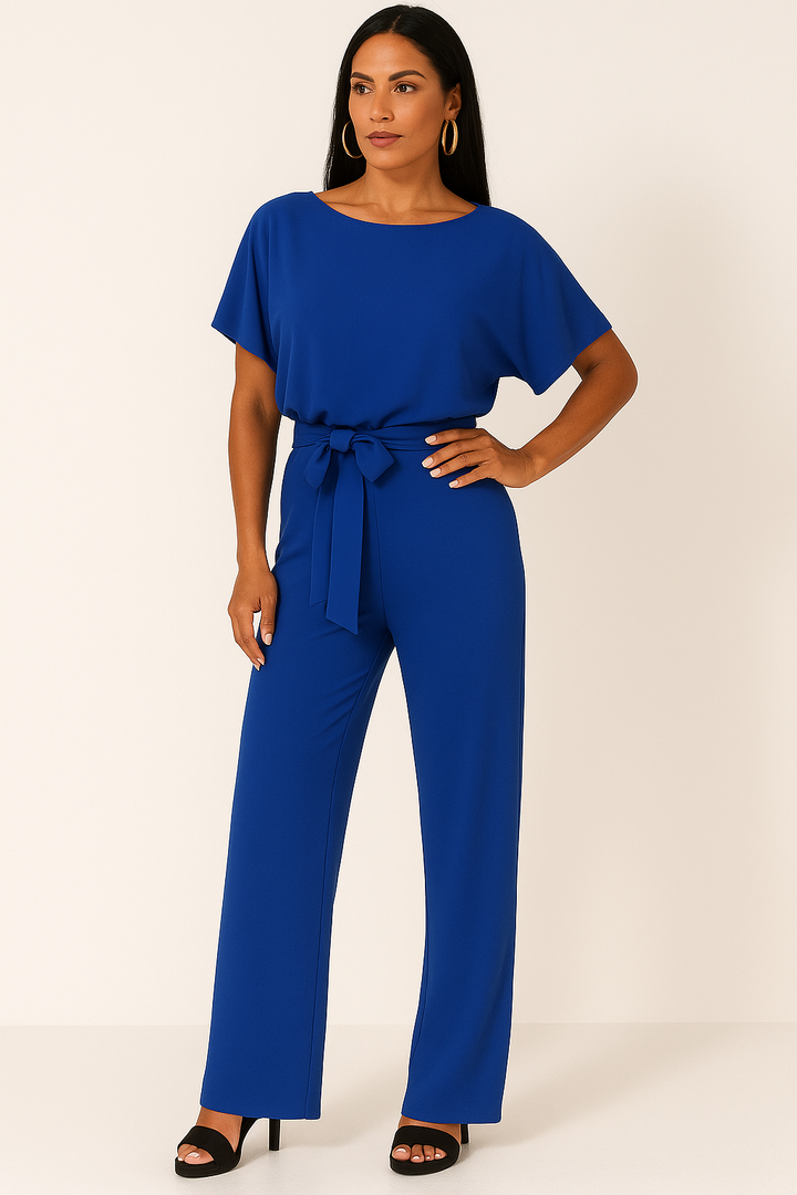Lena | Women's Batwing Short Sleeve Belted Jumpsuit - Taupe - Image 5