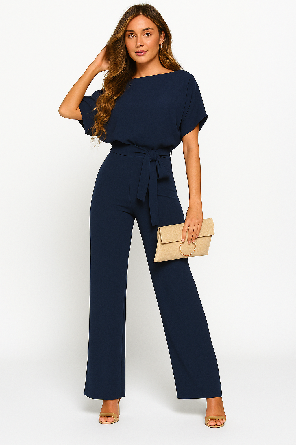 Lena | Women's Batwing Short Sleeve Belted Jumpsuit - Taupe - Image 7