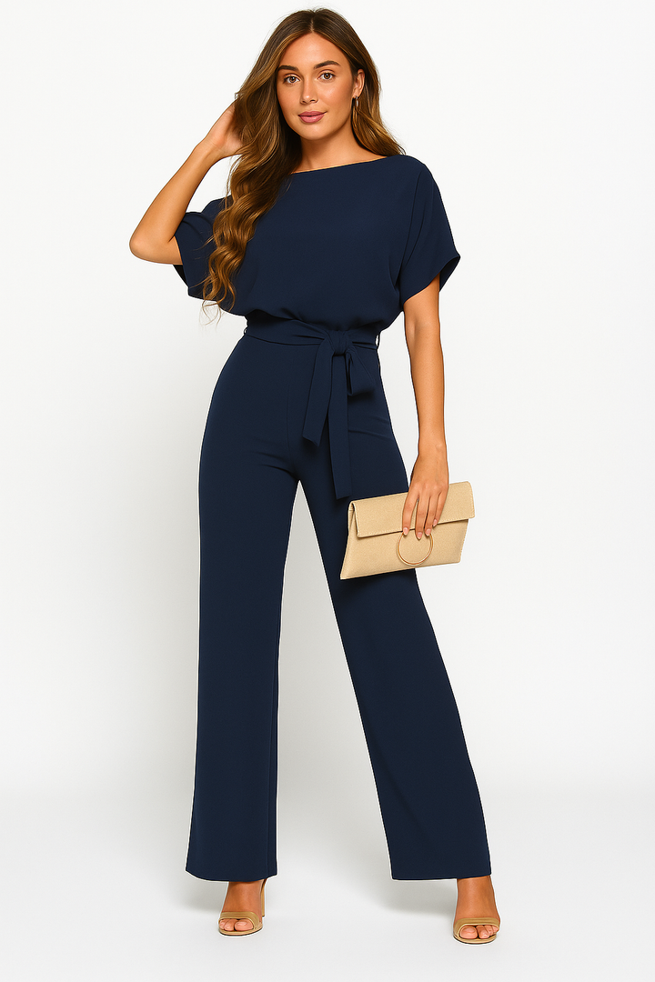 Lena | Women's Batwing Short Sleeve Belted Jumpsuit - Taupe - Image 7