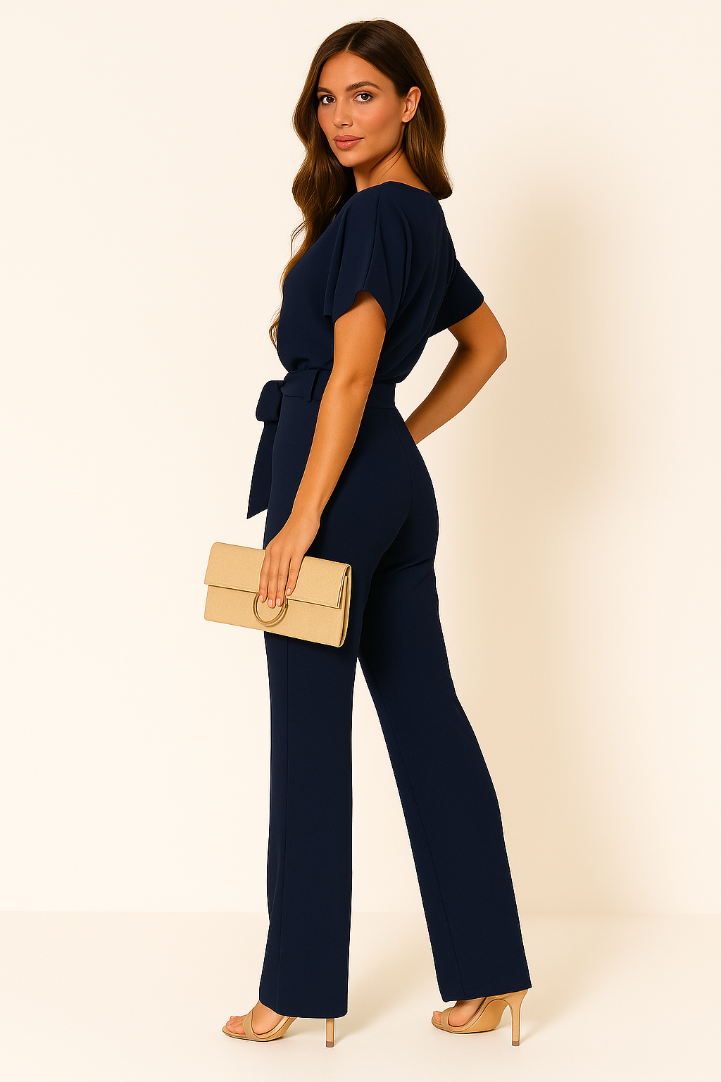 Lena | Women's Batwing Short Sleeve Belted Jumpsuit - Taupe - Image 8