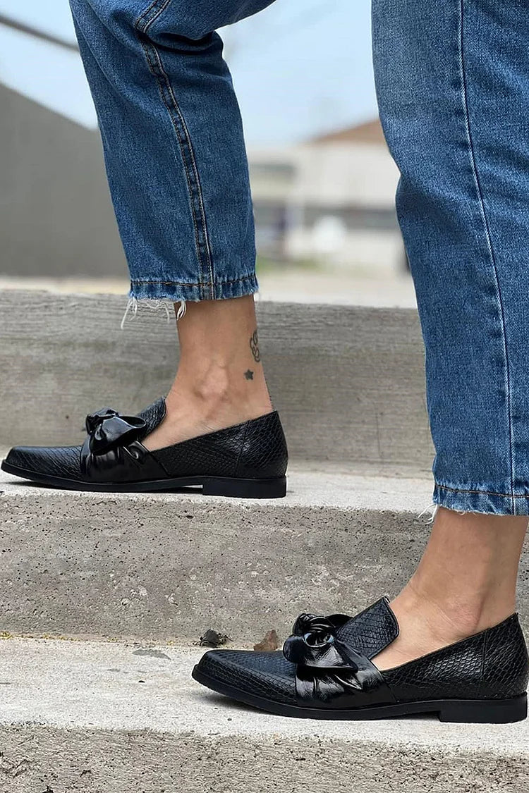 Leonie | Women's Black Bow Slip-On Loafers - Black - Image 4