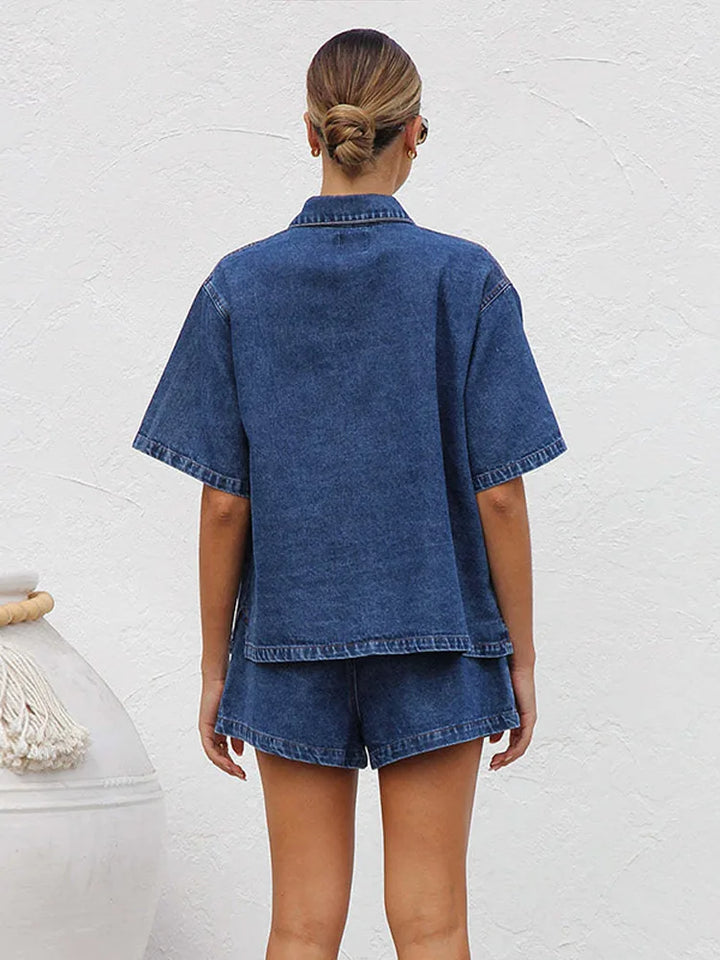 Leonie | Women's Denim Two Piece Short Sleeve Button Down Set - Light Blue - Image 10
