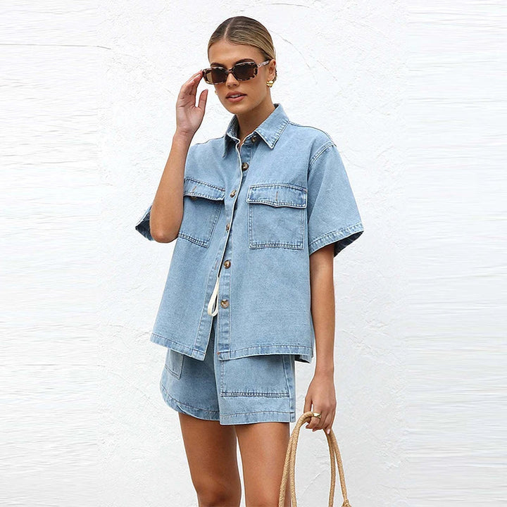 Leonie | Women's Denim Two Piece Short Sleeve Button Down Set - Light Blue - Image 12