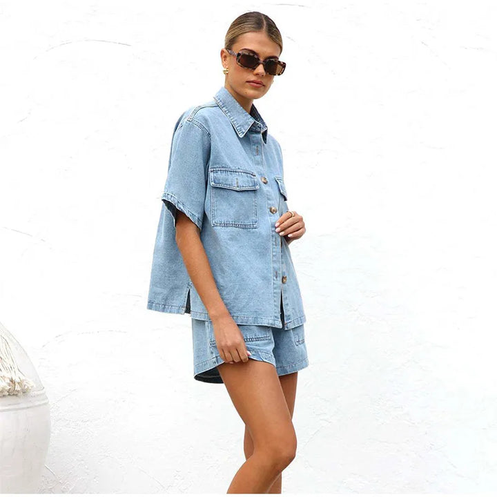 Leonie | Women's Denim Two Piece Short Sleeve Button Down Set - Light Blue - Image 14