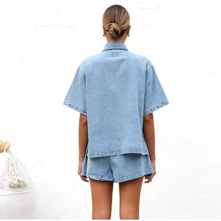 Leonie | Women's Denim Two Piece Short Sleeve Button Down Set - Light Blue - Image 15