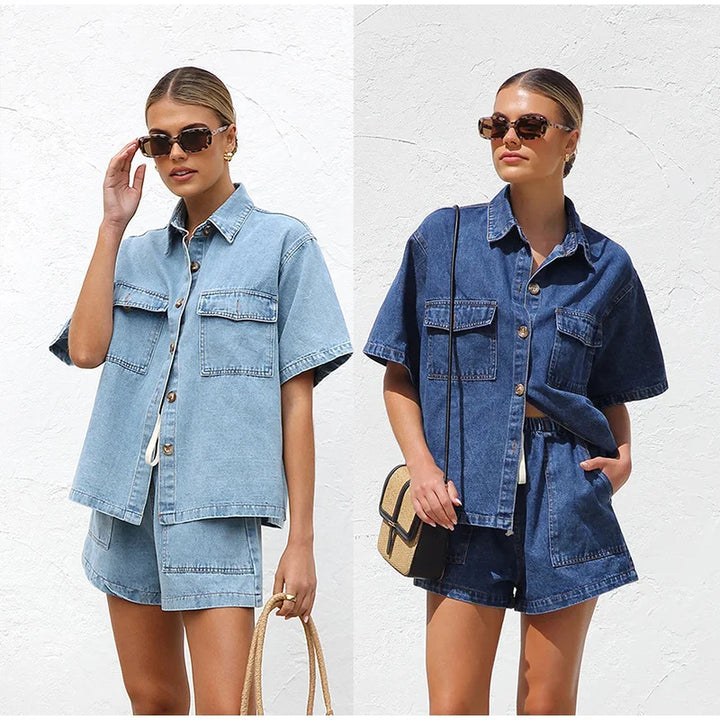 Leonie | Women's Denim Two Piece Short Sleeve Button Down Set - Light Blue - Image 19