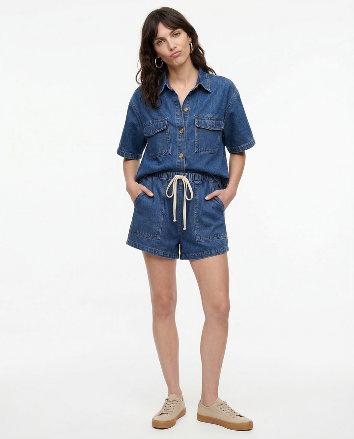 Leonie | Women's Denim Two Piece Short Sleeve Button Down Set - Light Blue - Image 4