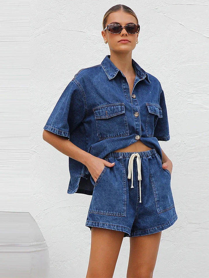 Leonie | Women's Denim Two Piece Short Sleeve Button Down Set - Light Blue - Image 9